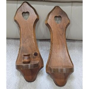 Vintage Wood Wall Sconce Candle Holders Set of 2 Heart Cutout Rustic Primitive